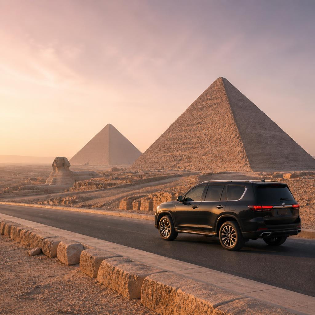 Private vehicle near the Giza pyramids at first light