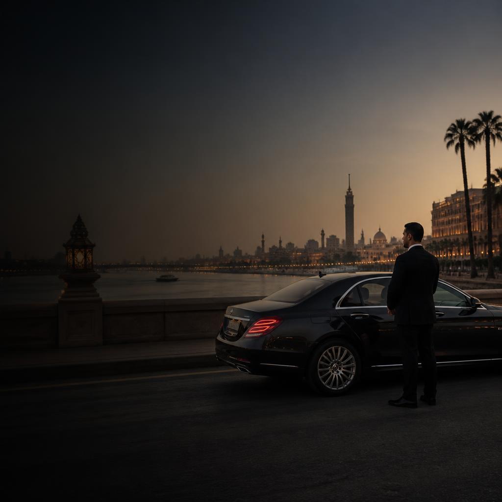 Executive sedan and professional chauffeur beside the Nile at blue hour